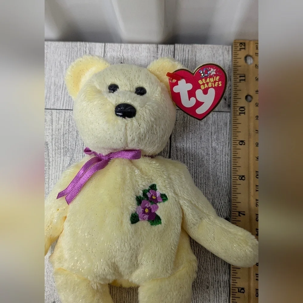 Ty Mother Plush Bear with Purple Ribbon and Floral Patch